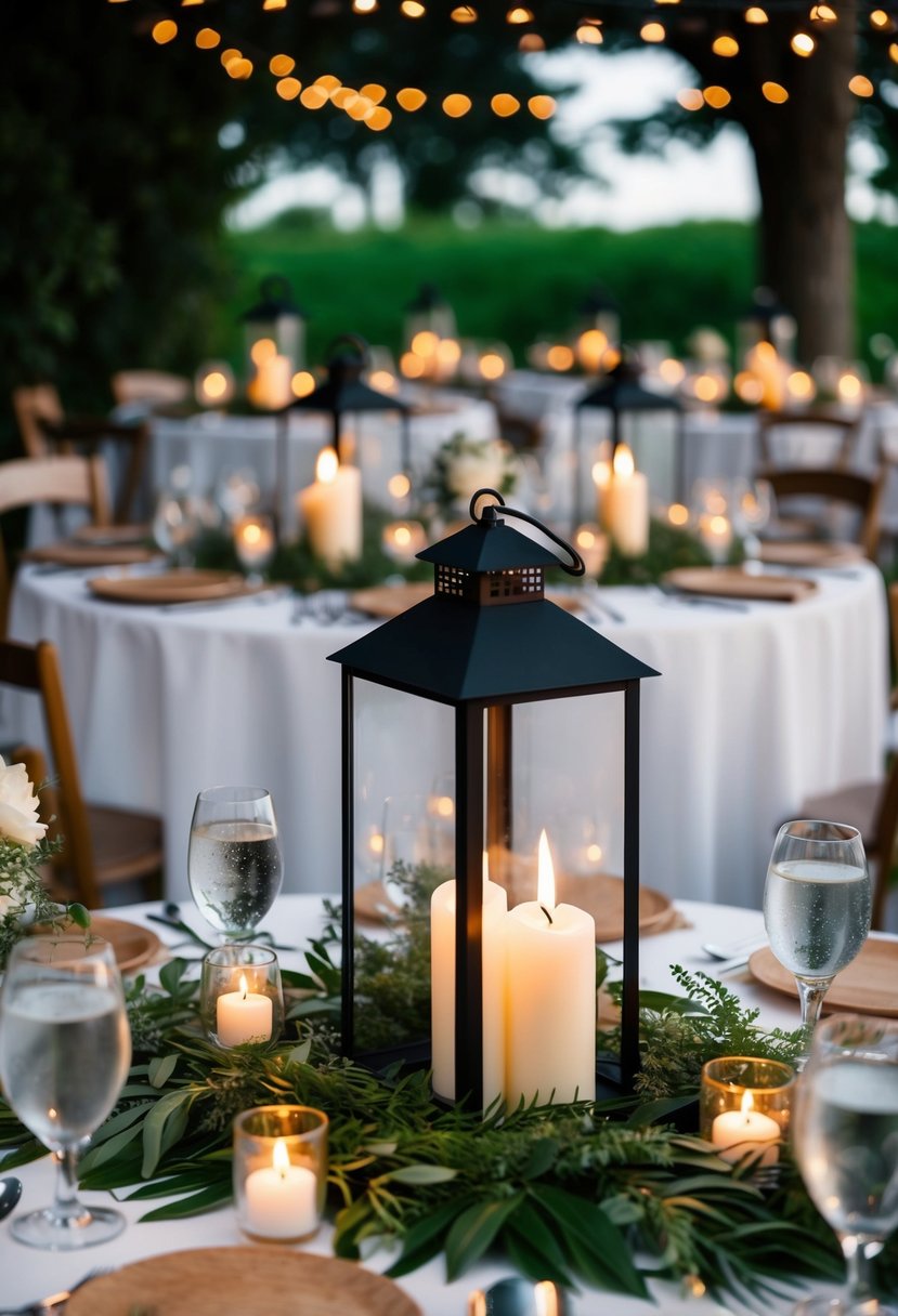 Lanterns with lit candles arranged on a wedding table, surrounded by greenery and no flowers