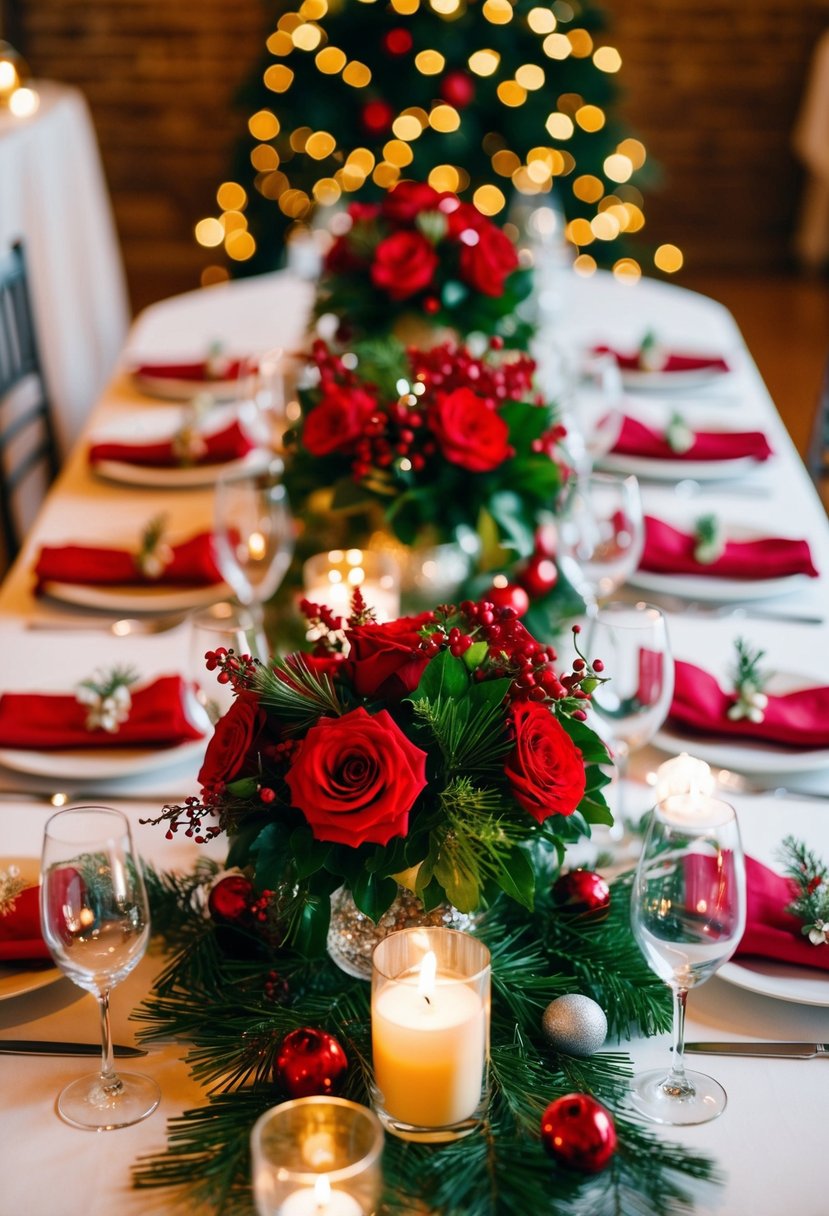 A festive table adorned with red and green floral arrangements, creating a classic Christmas wedding ambiance