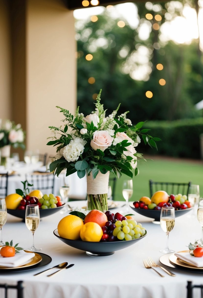 A table set with elegant fruit bowls as wedding decorations