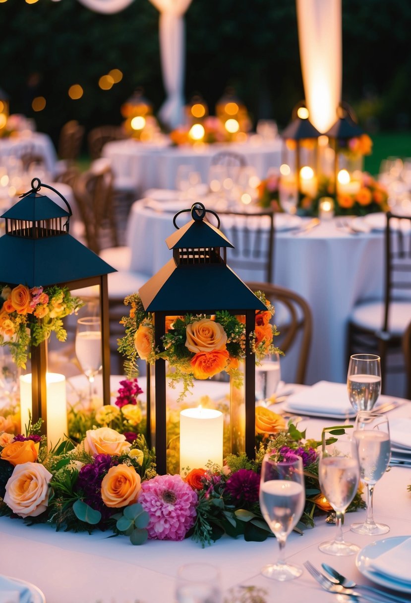 Lanterns adorned with vibrant floral arrangements illuminate an outdoor wedding table, casting a warm and romantic glow over the elegant setting