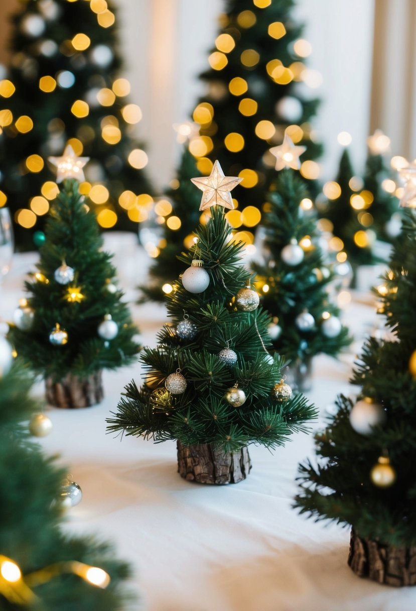 Mini Christmas trees arranged as wedding table decorations, adorned with twinkling lights and tiny ornaments