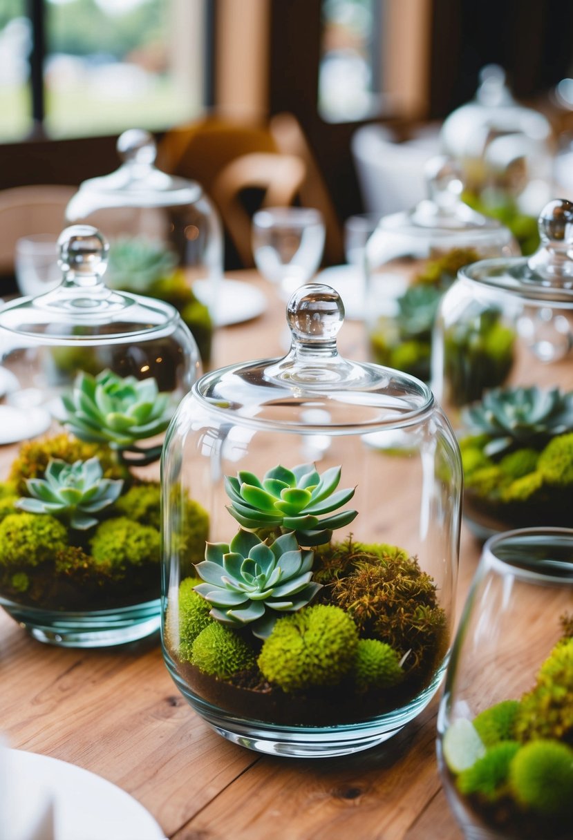 Glass terrariums filled with succulents and moss arranged as wedding table decorations