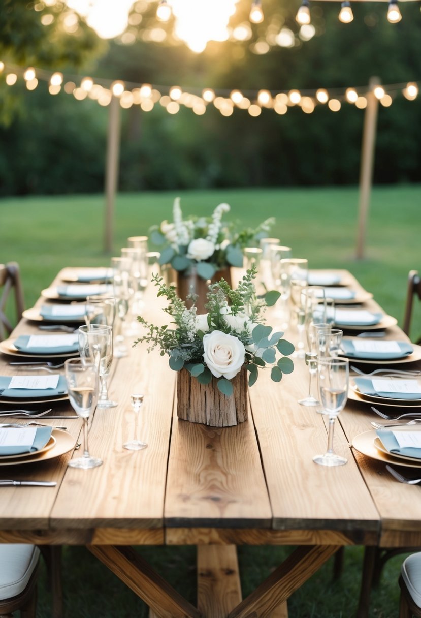 A wooden table adorned with rustic accents for an outdoor wedding