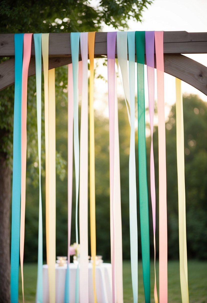 Colorful ribbons cascading from a wooden arch, gently swaying in the breeze, creating a whimsical and romantic atmosphere for an outdoor wedding table decoration