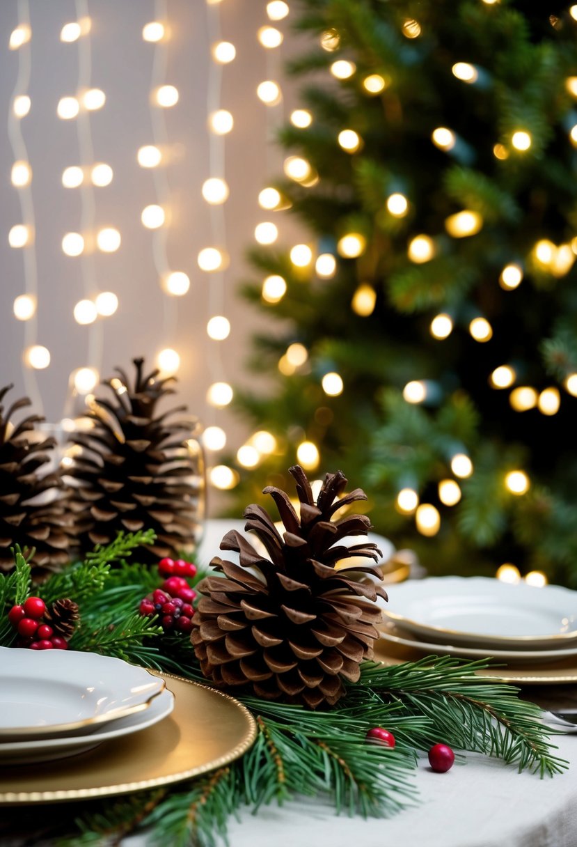 A festive table adorned with pinecone and berry accents, set against a backdrop of twinkling fairy lights and evergreen foliage