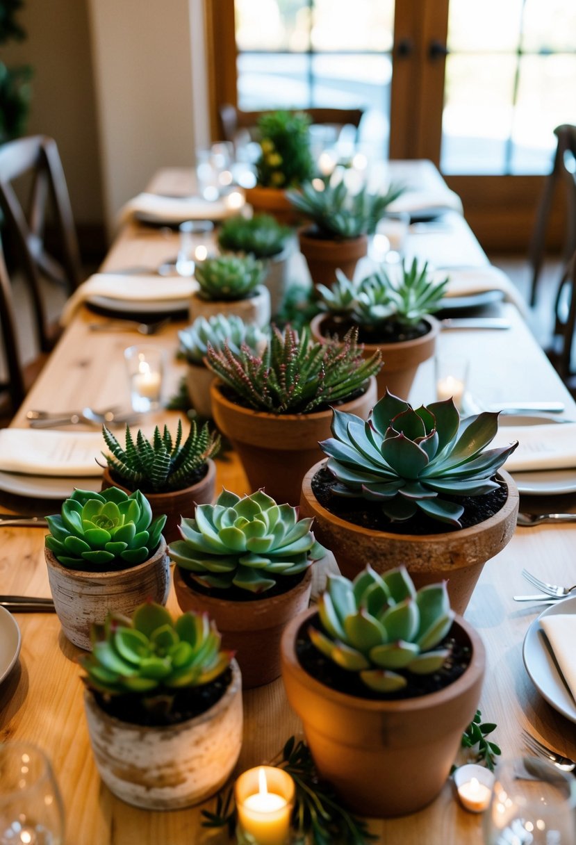 A table adorned with various succulent arrangements in rustic pots, serving as unique and elegant wedding decorations