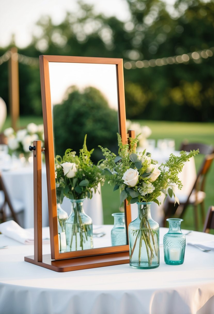 A mirror reflects vases and greenery on an outdoor wedding table