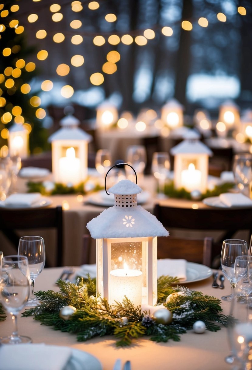 Snowy lanterns illuminate a festive wedding table, adorned with seasonal greenery and delicate ornaments