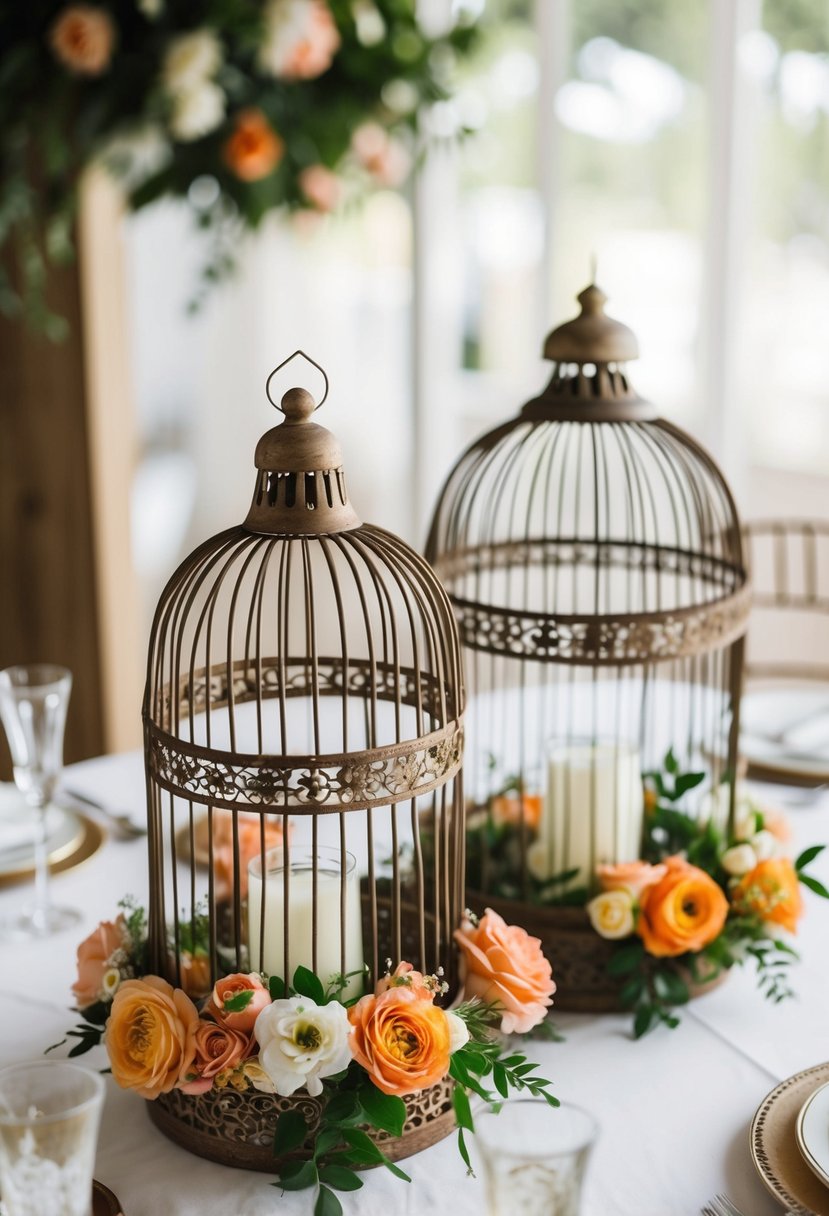 Vintage birdcages adorned with flowers on a wedding table