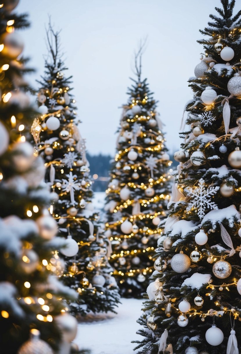 Snow-covered trees adorned with twinkling lights and delicate ornaments, serving as elegant centerpieces for a festive Christmas wedding