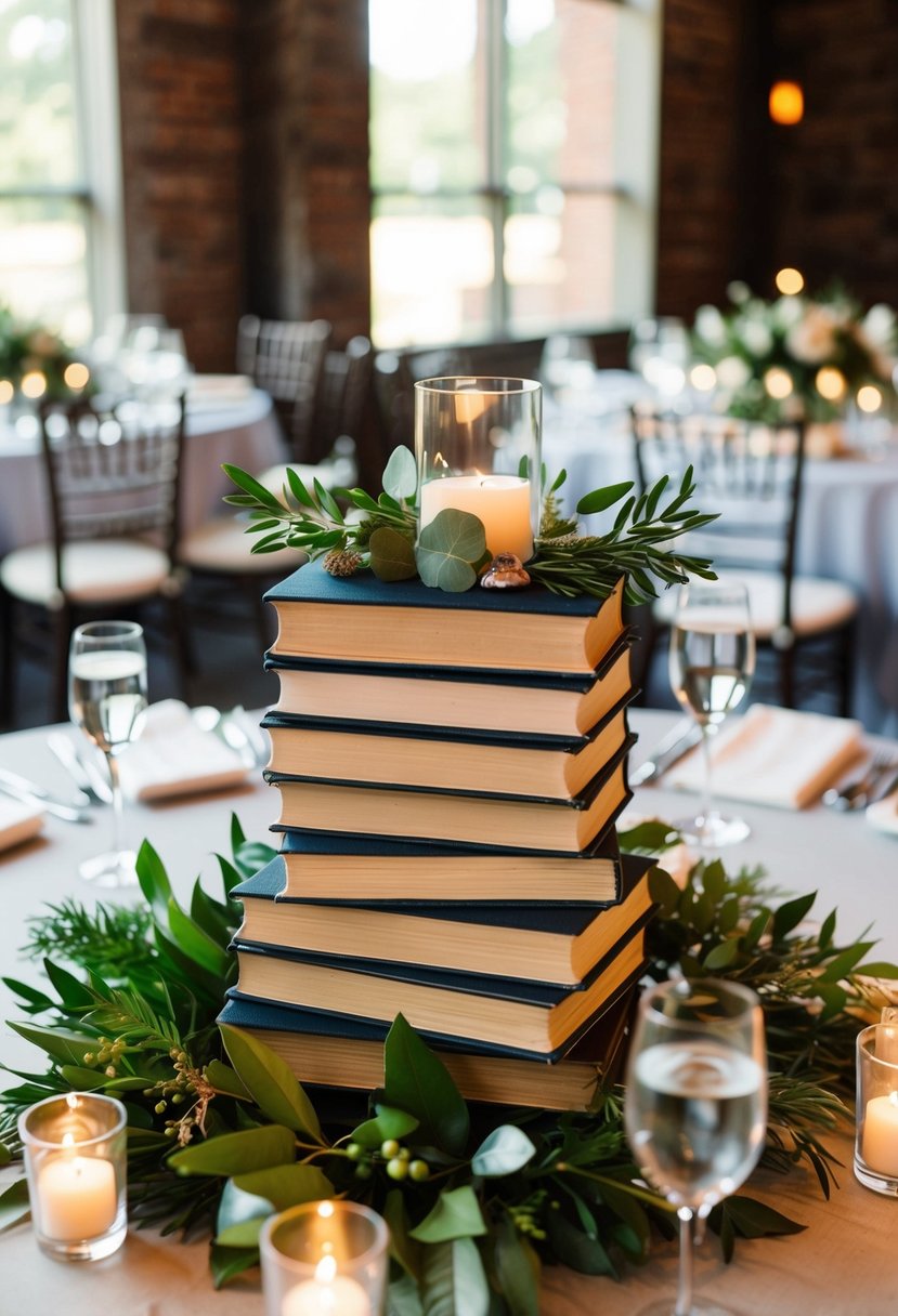 A table set with stacked books, adorned with greenery and small trinkets, serves as a unique centerpiece for a wedding reception