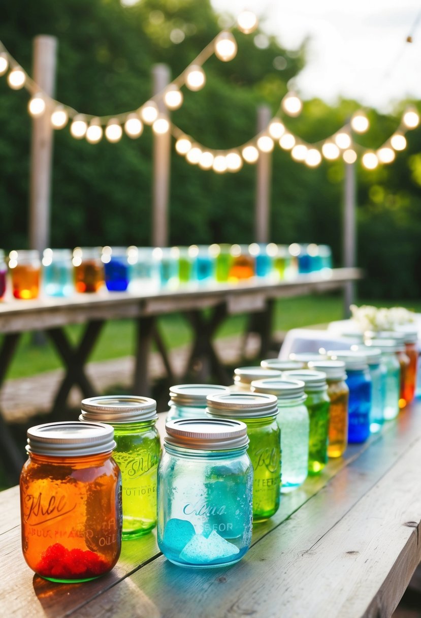 Jars of colorful sea glass arranged on rustic outdoor wedding tables