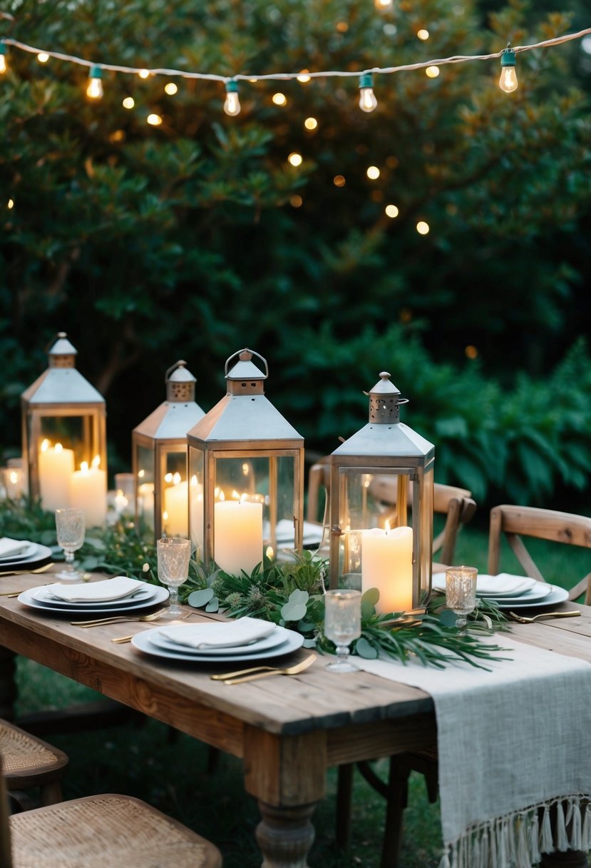 Rustic wooden table adorned with vintage lanterns and flickering candles, set against a backdrop of lush greenery and twinkling string lights