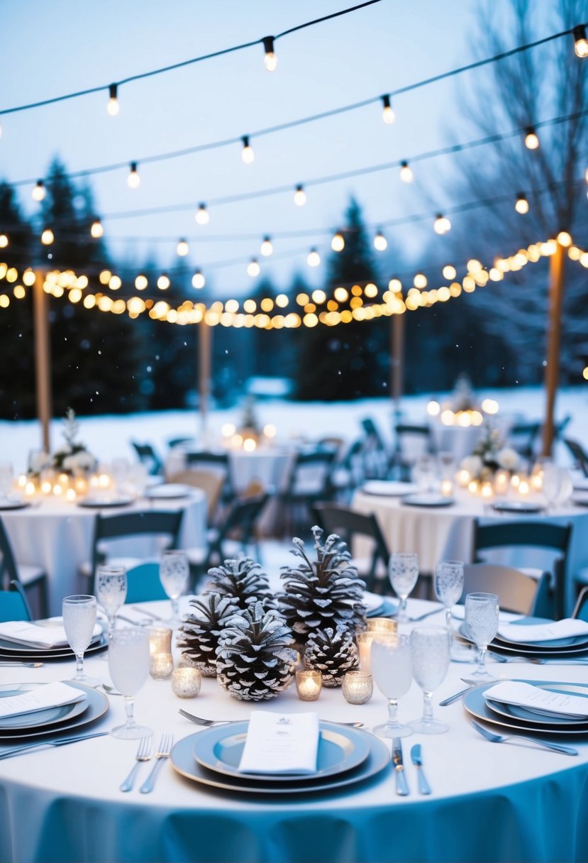 A snowy outdoor wedding reception with twinkling string lights, frosted pinecone centerpieces, and silver and white table settings