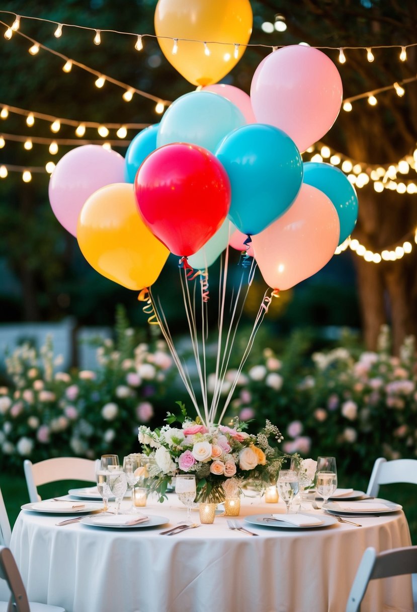 Colorful LED balloons hover over a wedding table, surrounded by delicate flowers and twinkling lights