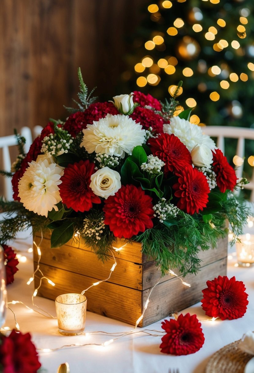 Lush red and white flowers spill from a rustic wooden box on a festive Christmas wedding table. Sparkling fairy lights twine through the blooms