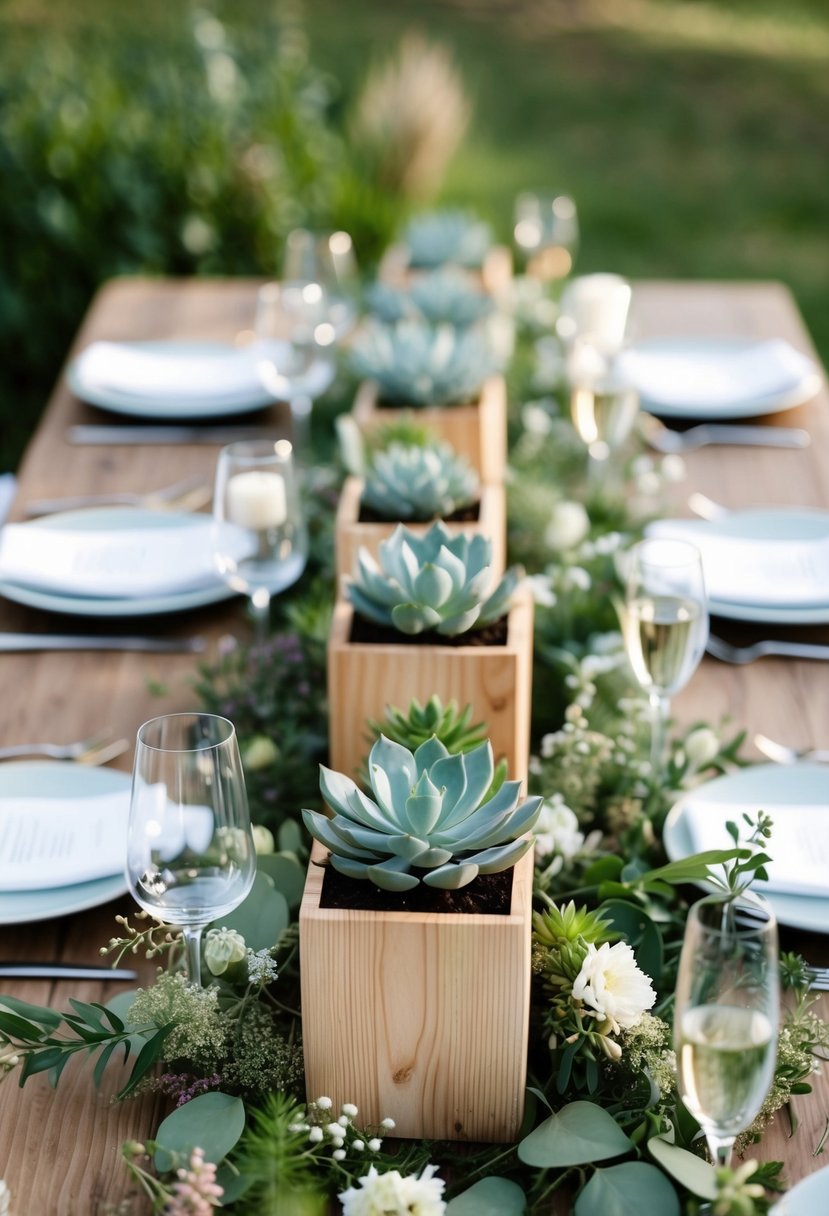 A wooden table adorned with succulent planter centerpieces, nestled among delicate flowers and greenery, creating a natural and elegant outdoor wedding decoration