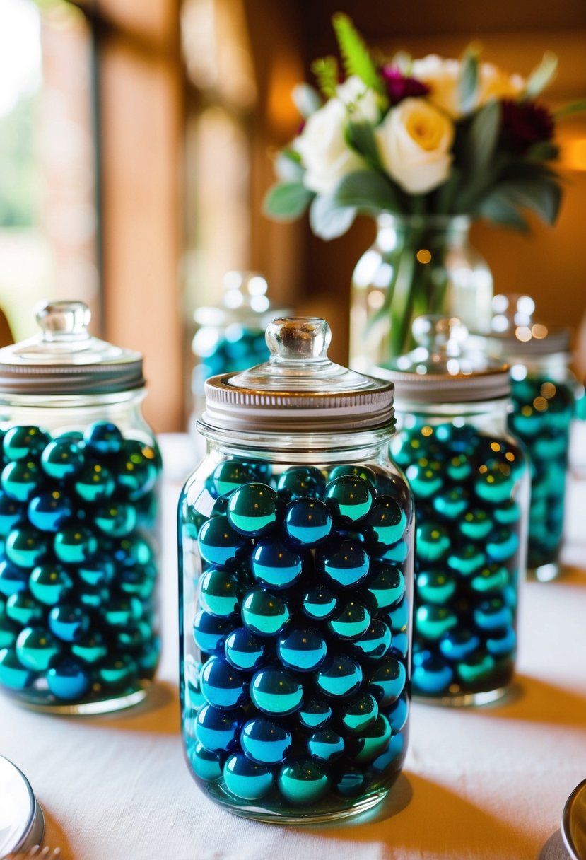 Glass jars filled with vibrant marbles arranged as wedding table decor