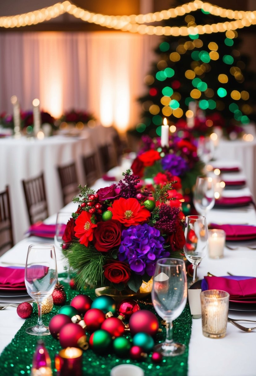 Vibrant jewel-tone centerpieces adorn a festive Christmas wedding table, featuring rich reds, deep purples, and sparkling emerald greens