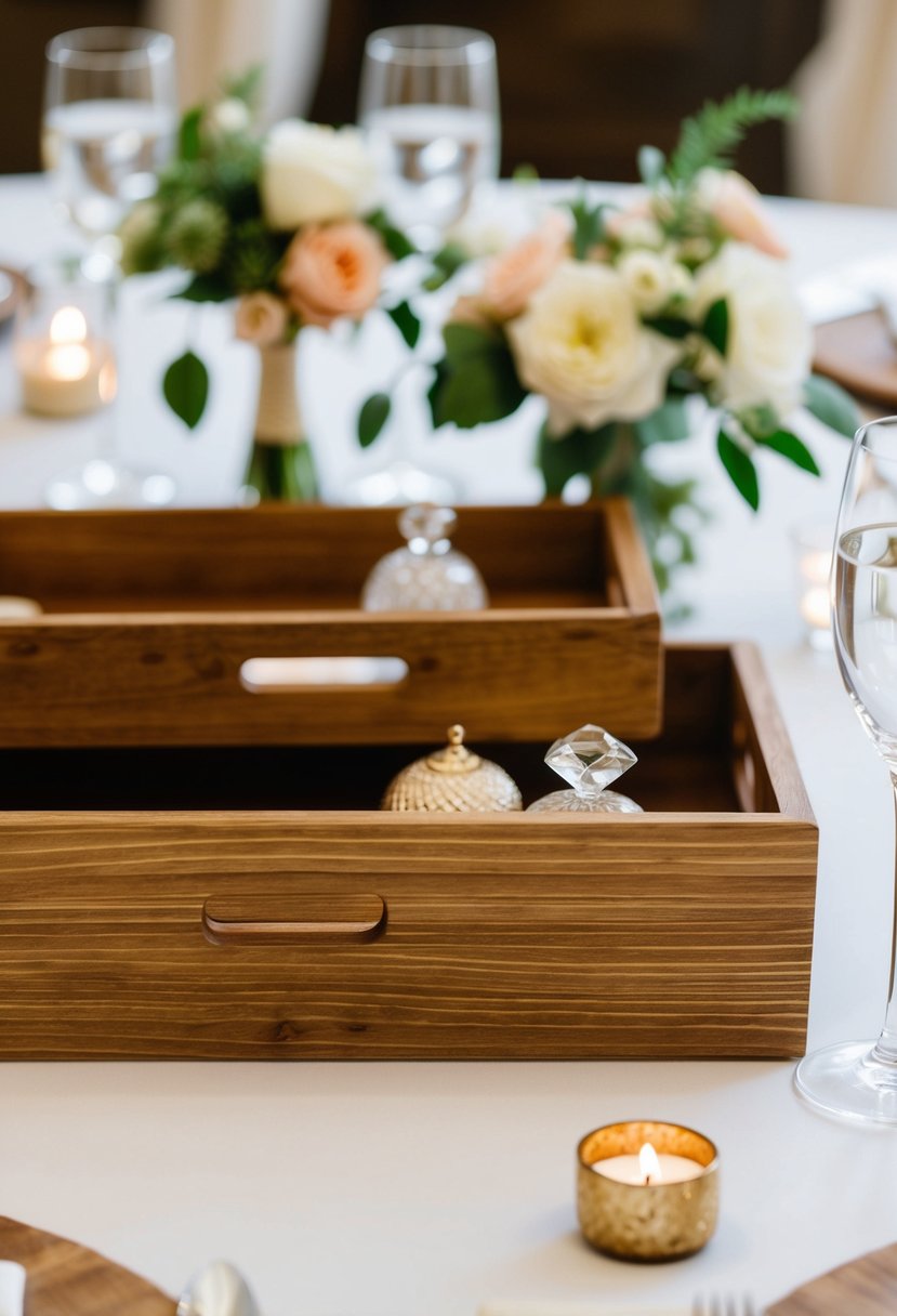 Wooden trays hold decorative elements for a wedding table