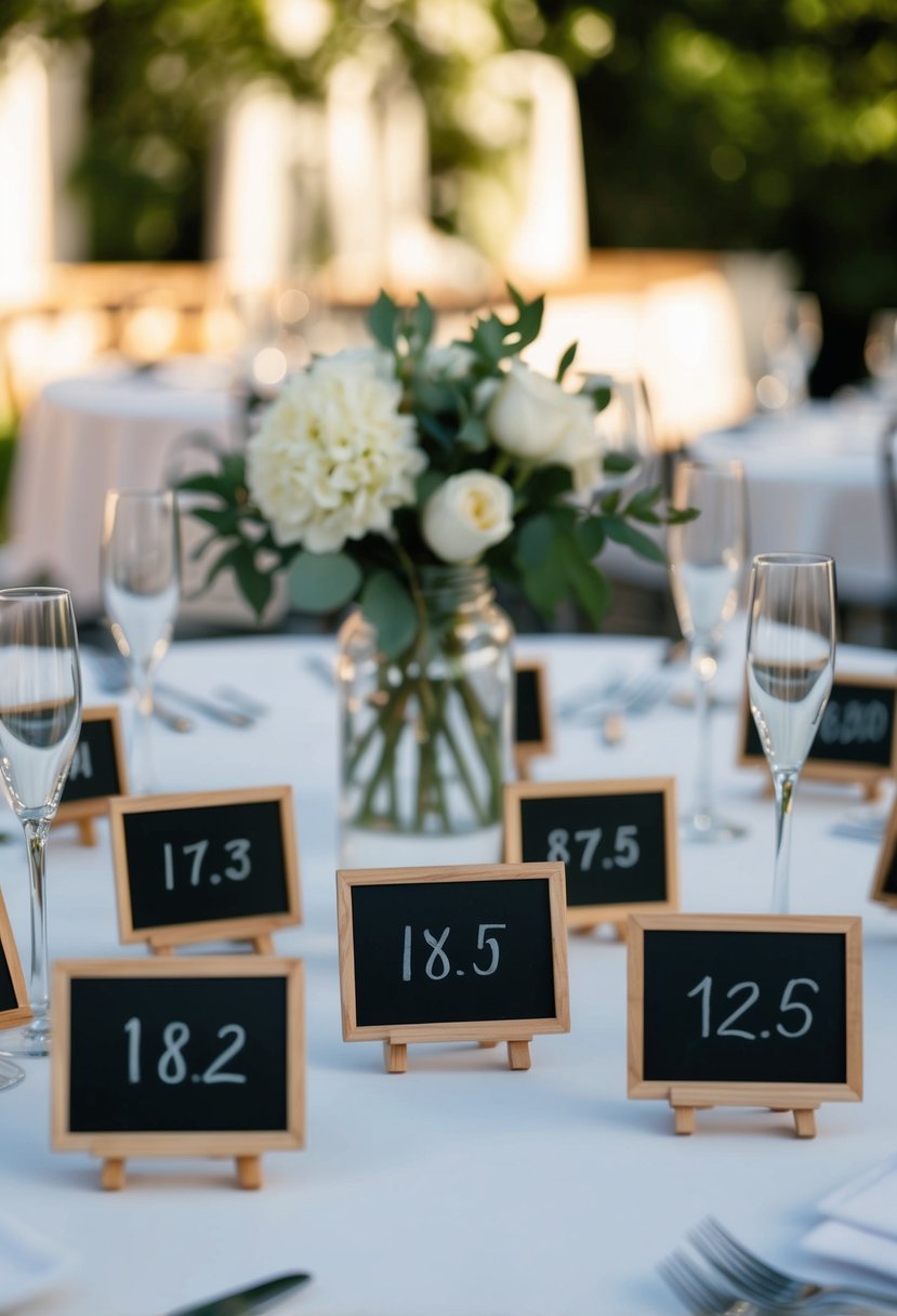 Mini chalkboard table numbers arranged on outdoor reception tables