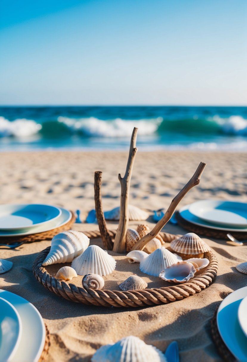 A sandy beach with seashells and driftwood as table decorations, surrounded by ocean waves and a clear blue sky