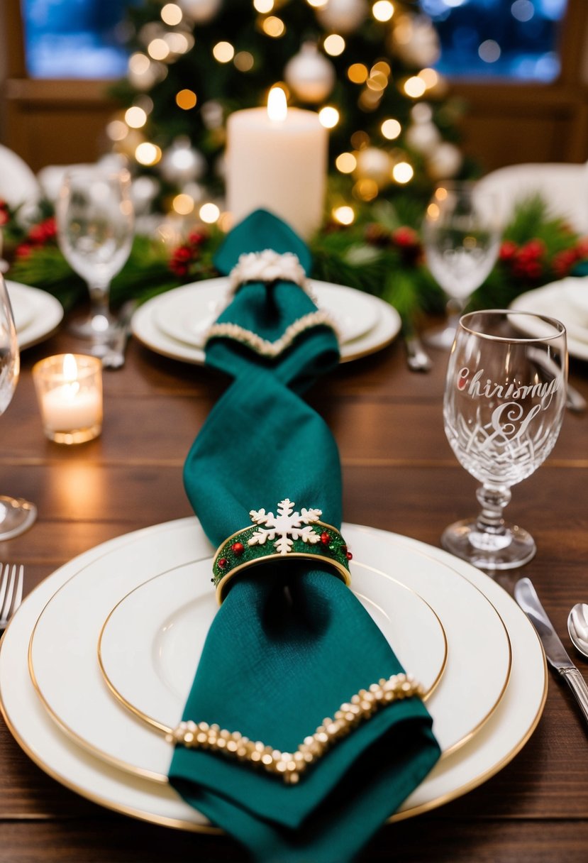 A festive table set with holiday napkin rings, adorned with Christmas-themed decorations for a winter wedding celebration