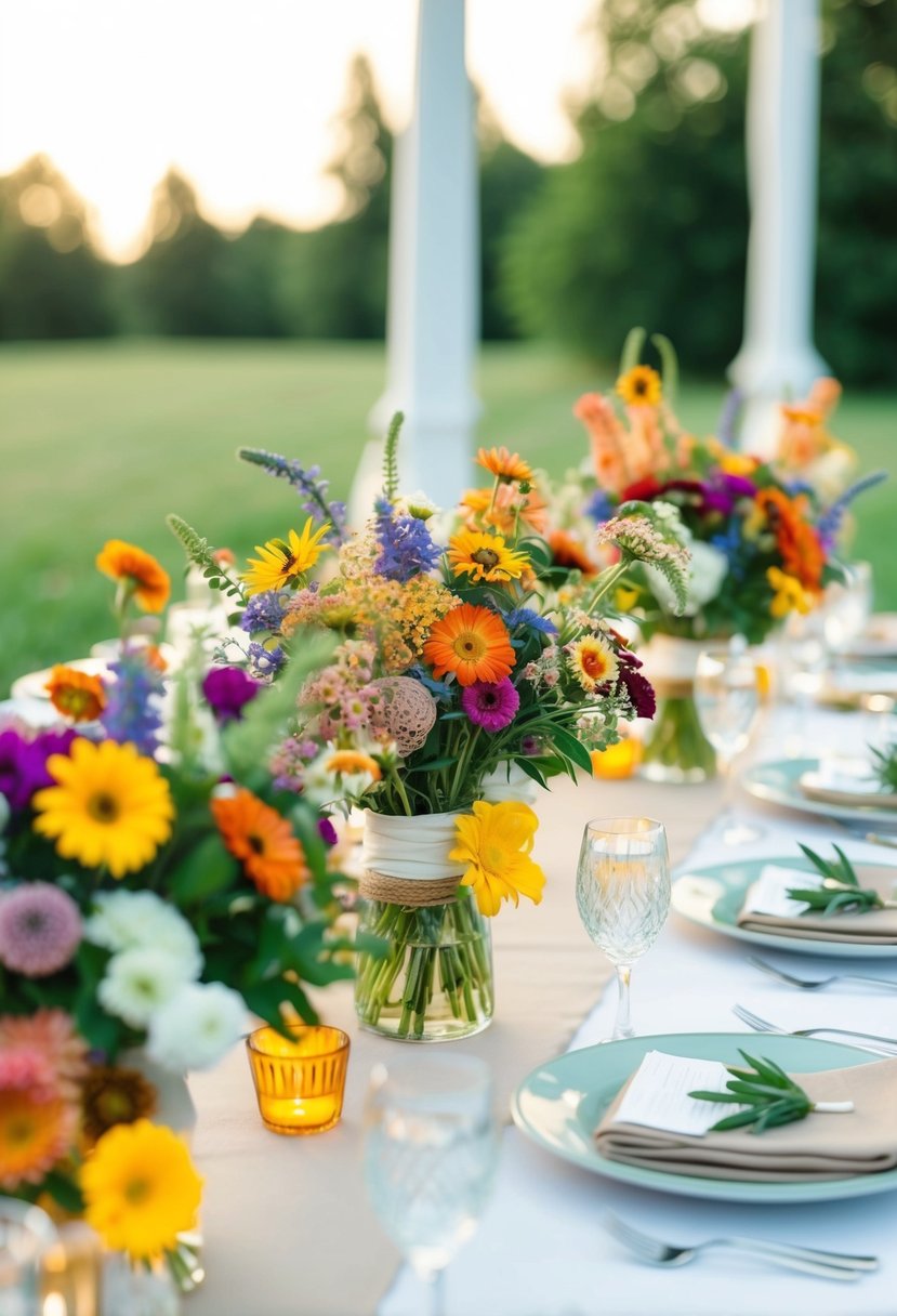 Colorful wildflower bouquets adorn outdoor wedding tables