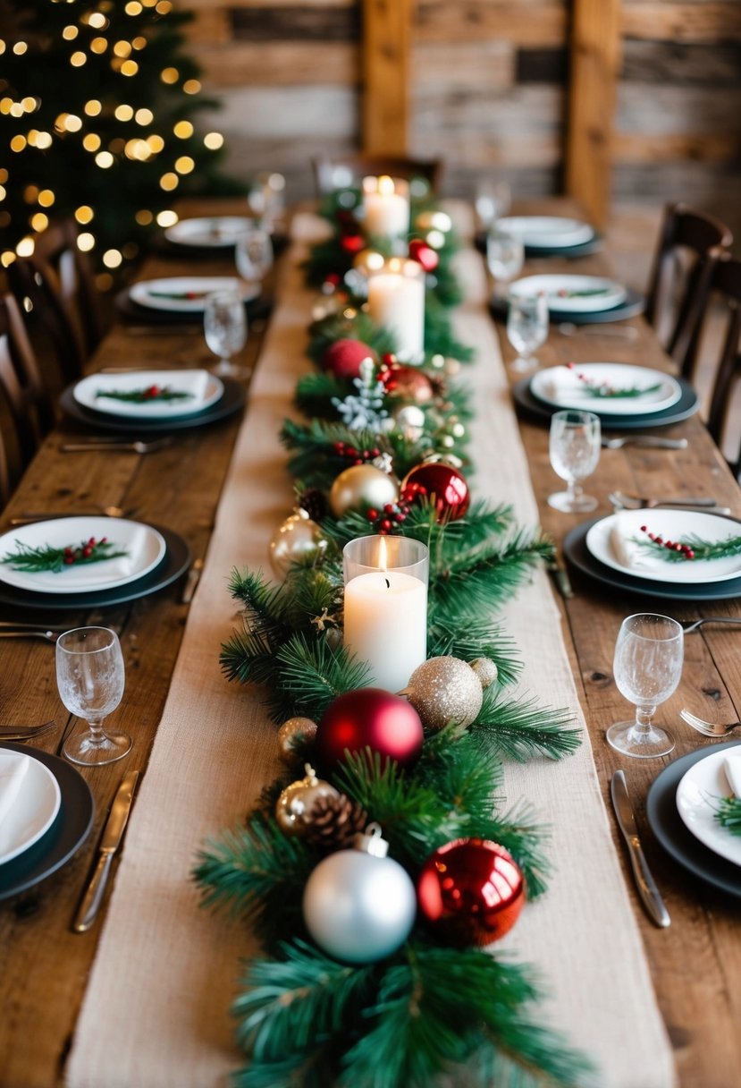 A rustic wooden table runner adorned with festive Christmas decorations for a wedding celebration