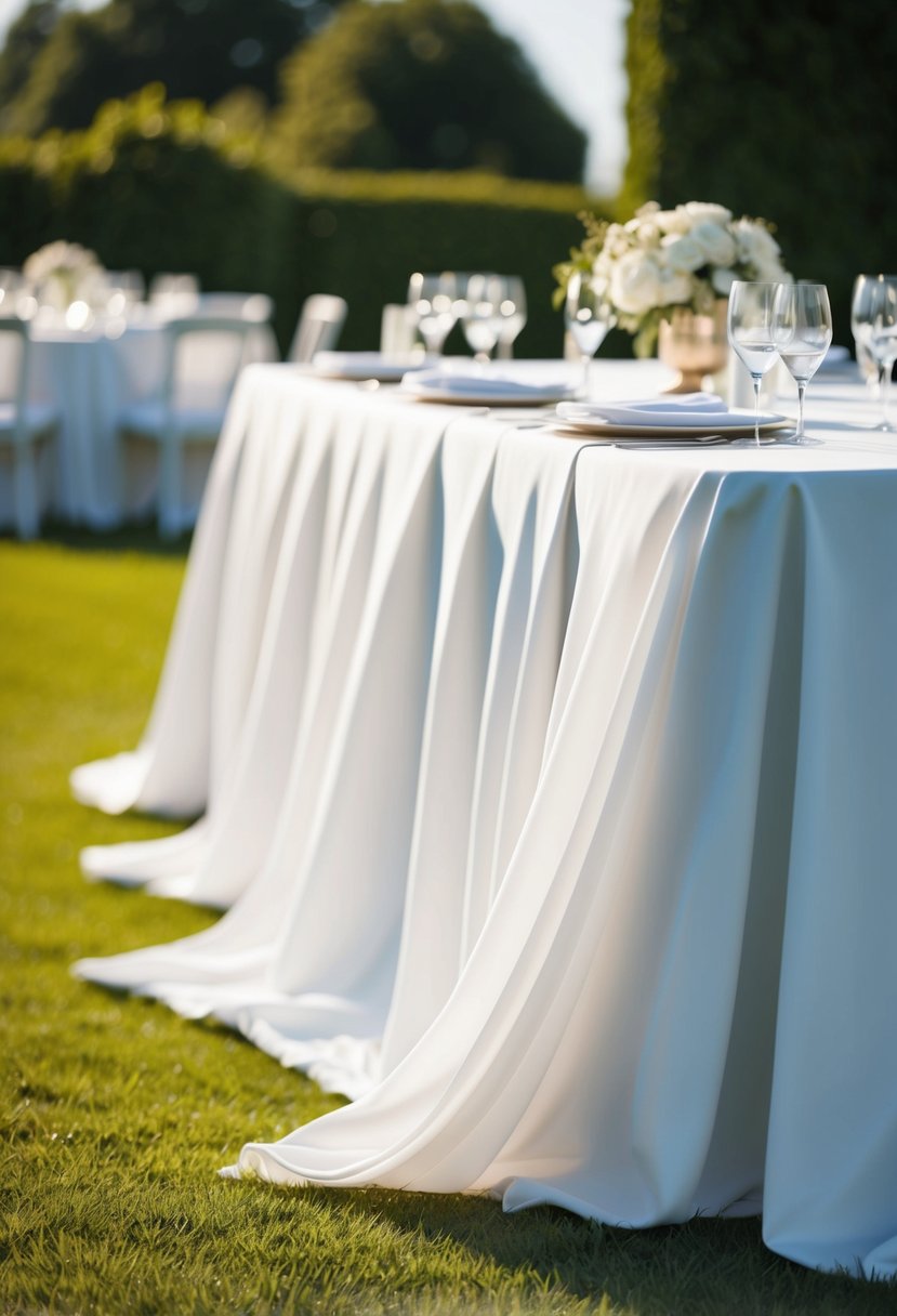 A long, flowing tablecloth drapes over an outdoor wedding table, billowing gently in the breeze