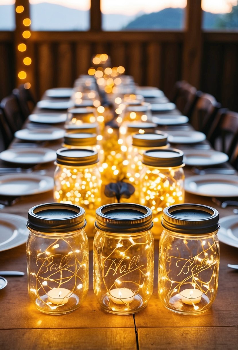 Mason jars filled with fairy lights illuminate a rustic wedding table, creating a warm and enchanting atmosphere