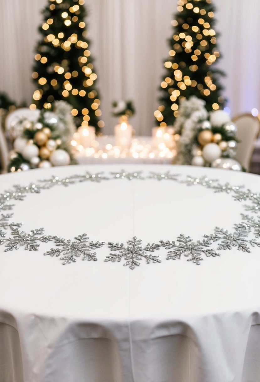 A white tablecloth adorned with sparkling snowflake accents, surrounded by elegant Christmas wedding decorations