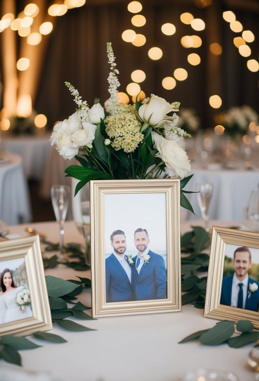 A table adorned with personalized photo frames, devoid of flowers, serves as a unique wedding decoration