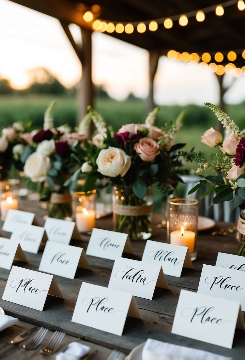 Elegant calligraphy place cards arranged on a rustic outdoor wedding table amidst floral centerpieces and twinkling string lights