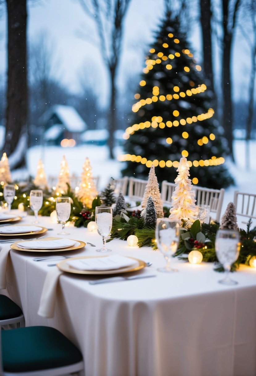 A snowy winter wedding table adorned with LED lights and Christmas decorations