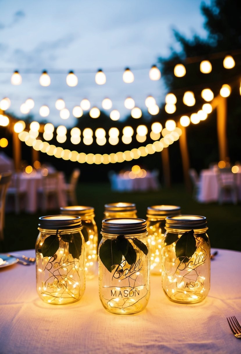 Mason jars filled with twinkle lights illuminate an outdoor wedding table, creating a warm and romantic atmosphere