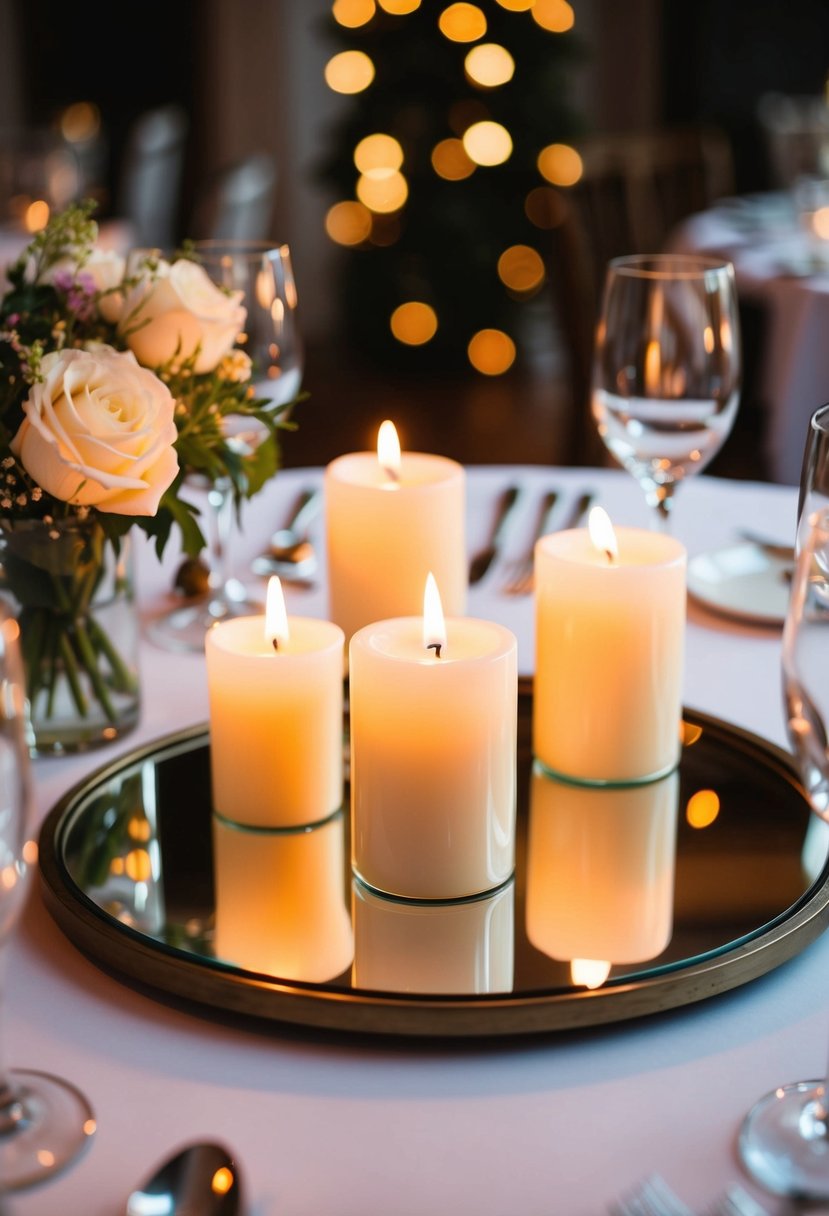 Candles reflected in mirrors on a wedding table, no flowers