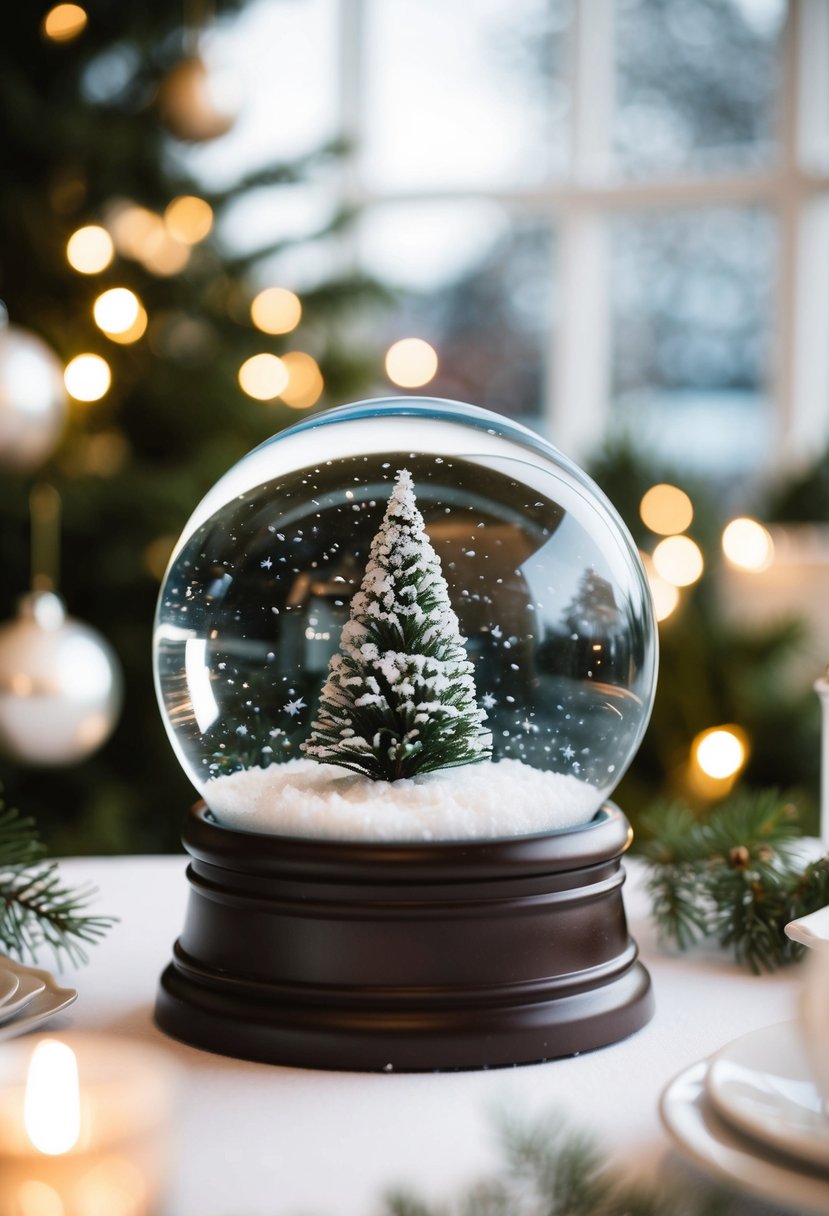 A snow globe with a miniature winter scene inside, featuring a small tree surrounded by snow, serving as a centerpiece for a Christmas wedding table decoration