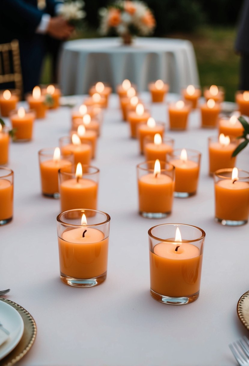 Votive candle holders arranged on a wedding table, with no flowers as decoration