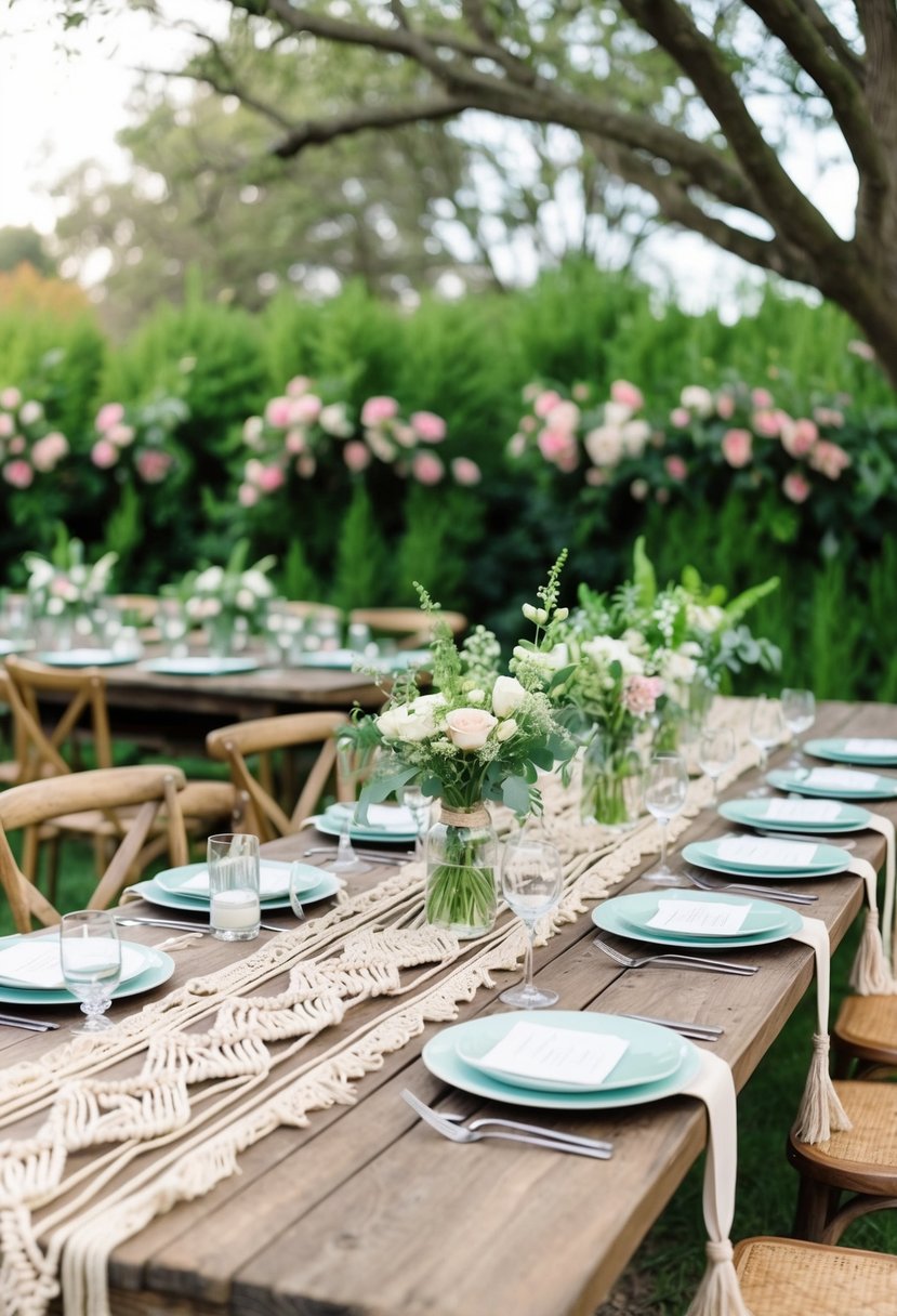 A rustic outdoor wedding table adorned with macramé table runners, set against a backdrop of lush greenery and blooming flowers