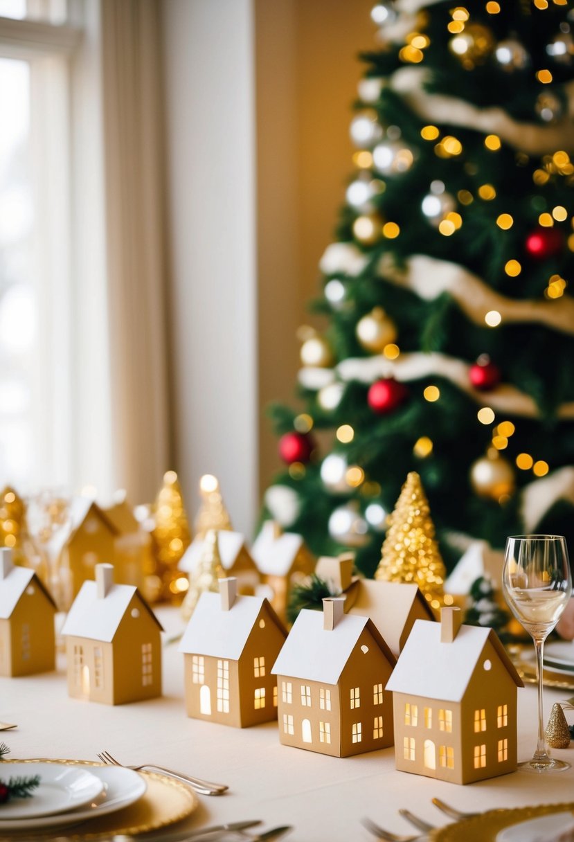 A festive table adorned with miniature paper houses, adorned with Christmas decorations for a wedding celebration