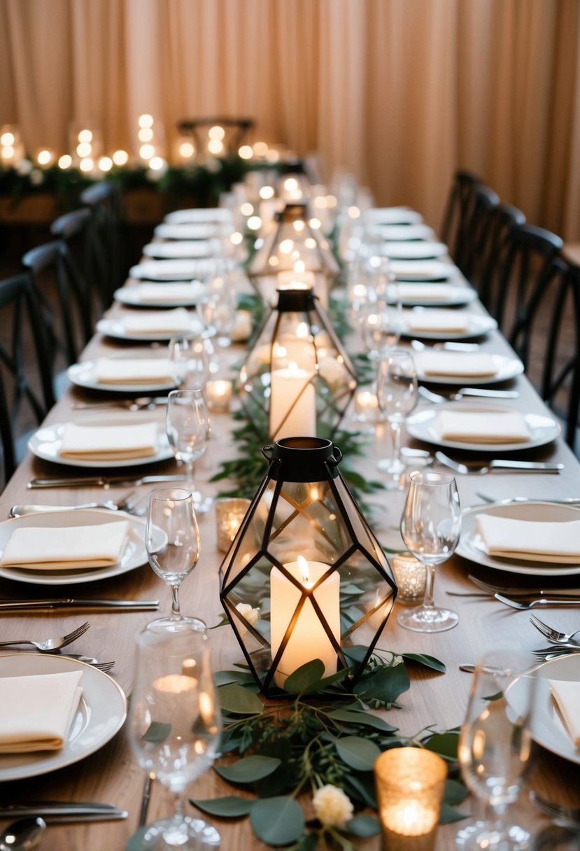 A table adorned with geometric lanterns as wedding centerpieces