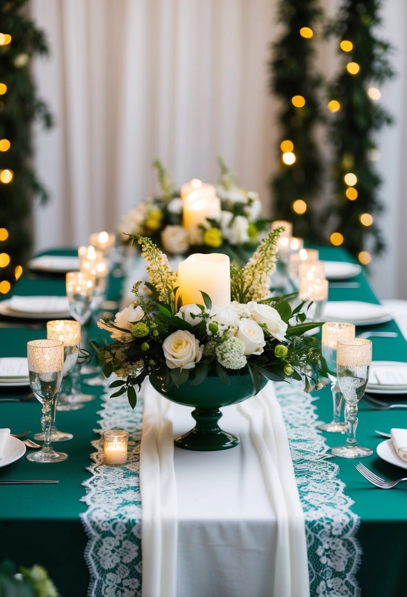 A green and white themed wedding table adorned with elegant floral centerpieces, delicate lace table runners, and sparkling candlelight