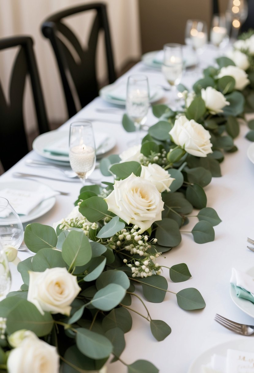 A eucalyptus garland with white roses adorns a wedding table, creating a fresh and elegant green and white centerpiece