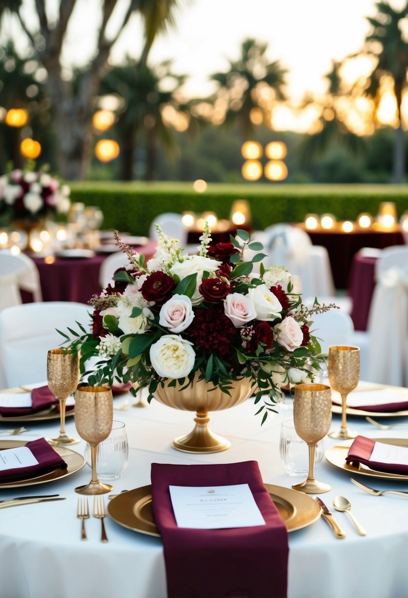 A maroon-themed wedding table with elegant floral centerpieces and gold accents