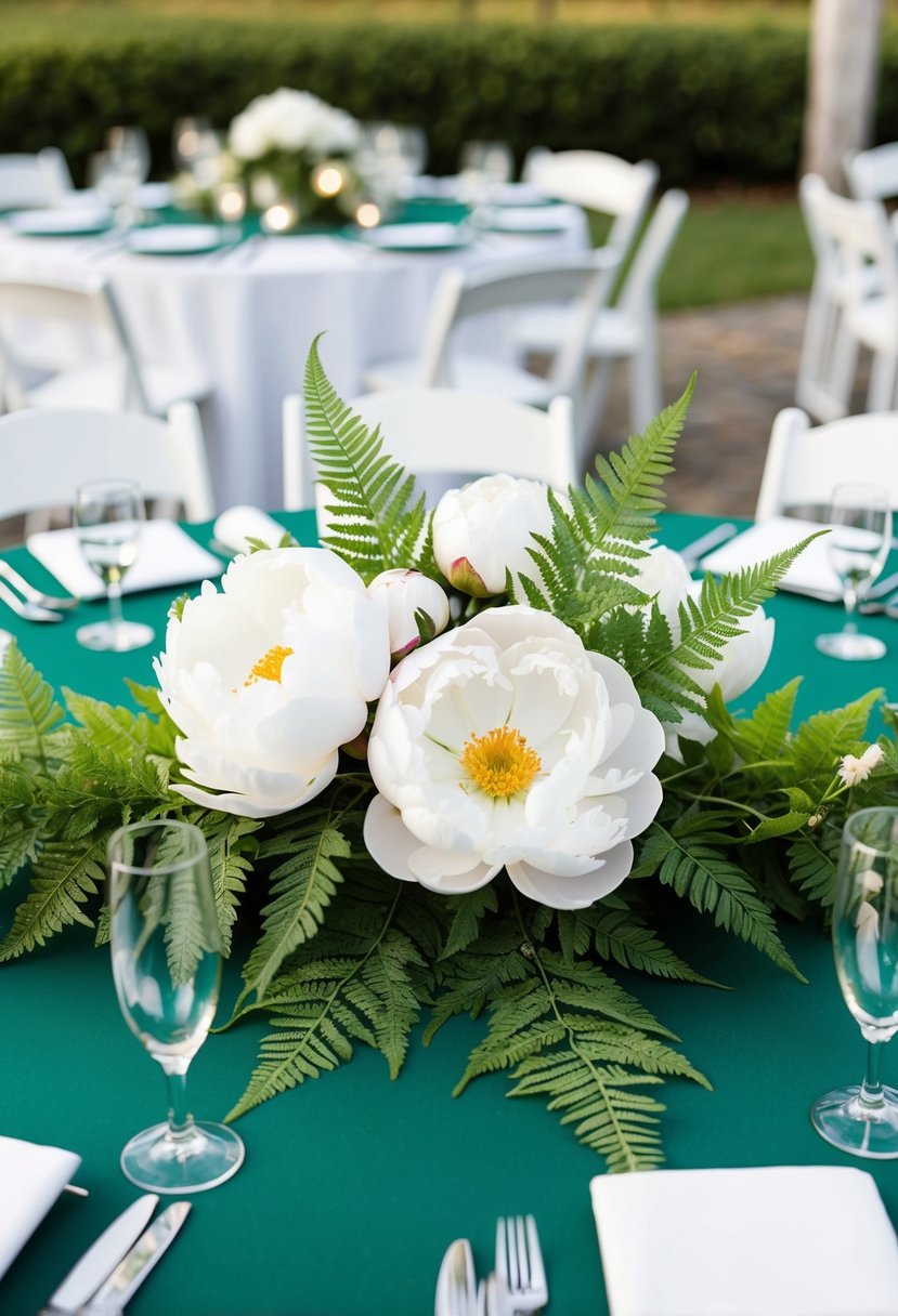 A white peony and fern centerpiece adorns a green and white wedding table