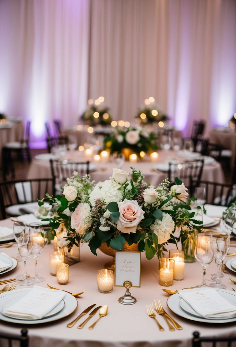 A table adorned with elegant floral centerpieces, flickering candles, and delicate place settings for a wedding reception