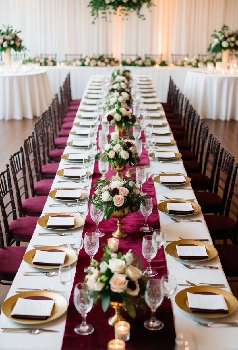 A long banquet table adorned with maroon velvet runners, set with elegant tableware and surrounded by lush floral centerpieces