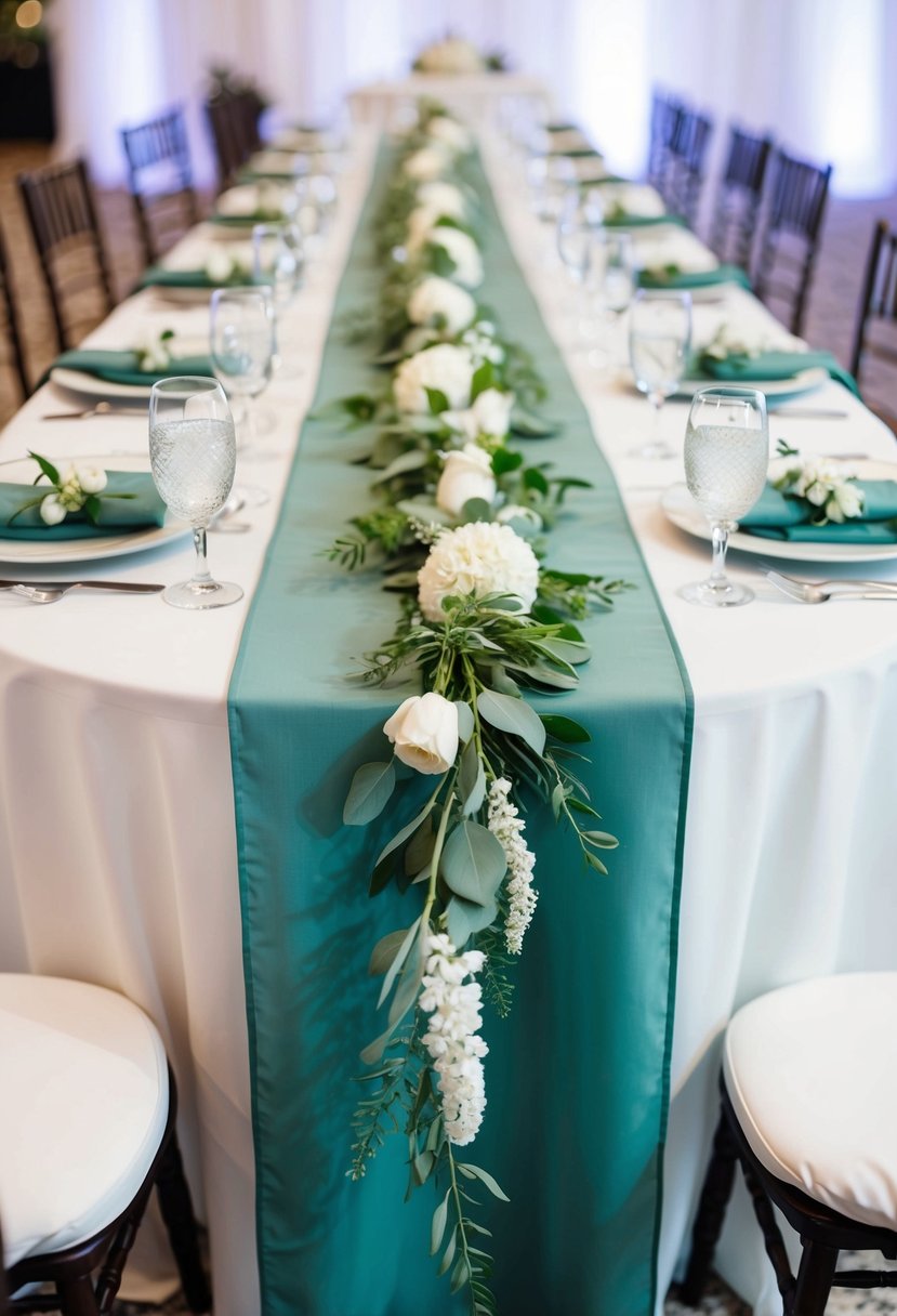 A sage green table runner adorned with white floral accents drapes elegantly across a wedding reception table, adding a touch of natural beauty to the decor