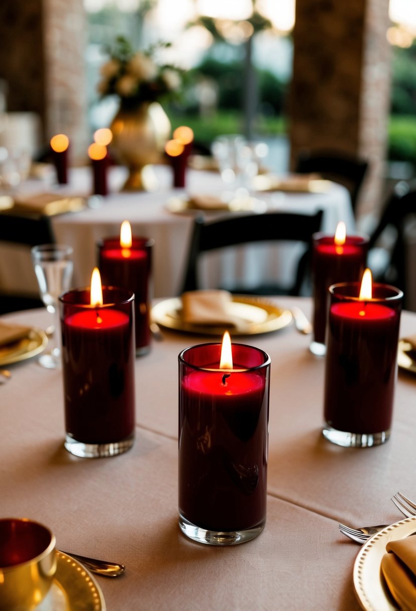 Maroon and gold votive candles on accent tables for a wedding